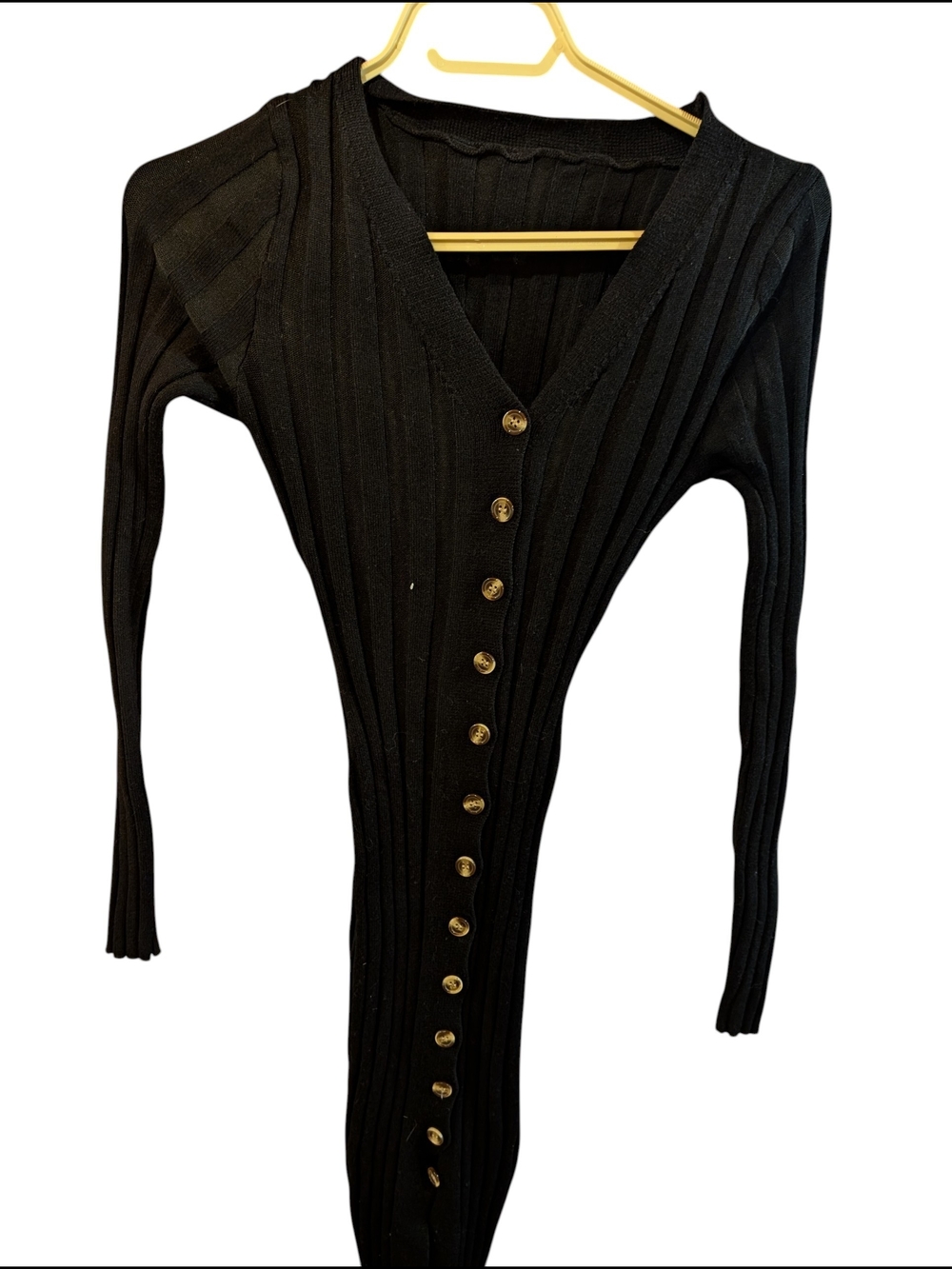 Black Ribbed V-Neck Button-Front Dress